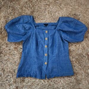 Ann Taylor Short Puff Sleeve Button Front Chambray‎ Blouse Blue Women's Size XS